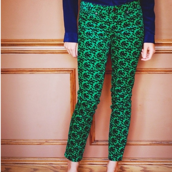 J. Crew Toothpick Bow Print Kelly Green Cords Rare - Picture 2 of 3